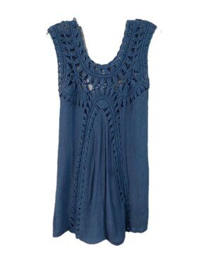 Womens Crochet Lace Tank Top Size Small Blue Boho Festival Gauze Sleeveless
